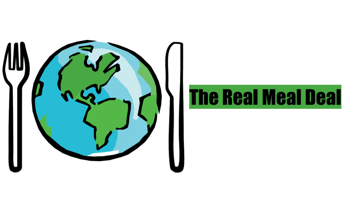 logo for the real meal deal globe with fork to the left and knife to the right