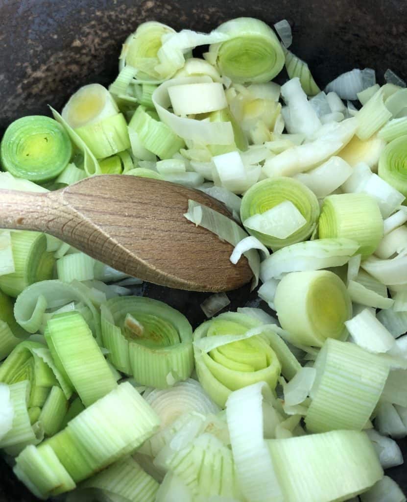 chopped leeks in pan