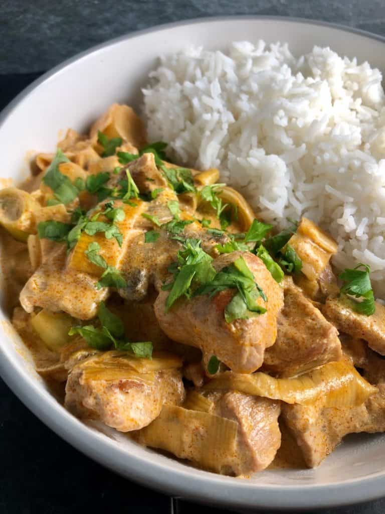 quick pork or veal stroganoff with creme fraiche and rice