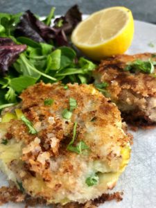 Smoked Mackerel Fishcakes with green salad and half lemon