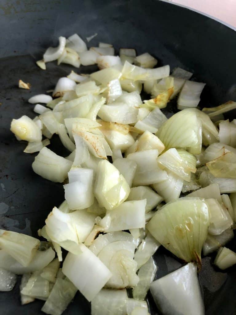 tuna pasta bake onions frying in pan