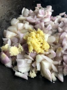 winter veg stir fry step 2 shallots ginger garlic in pan