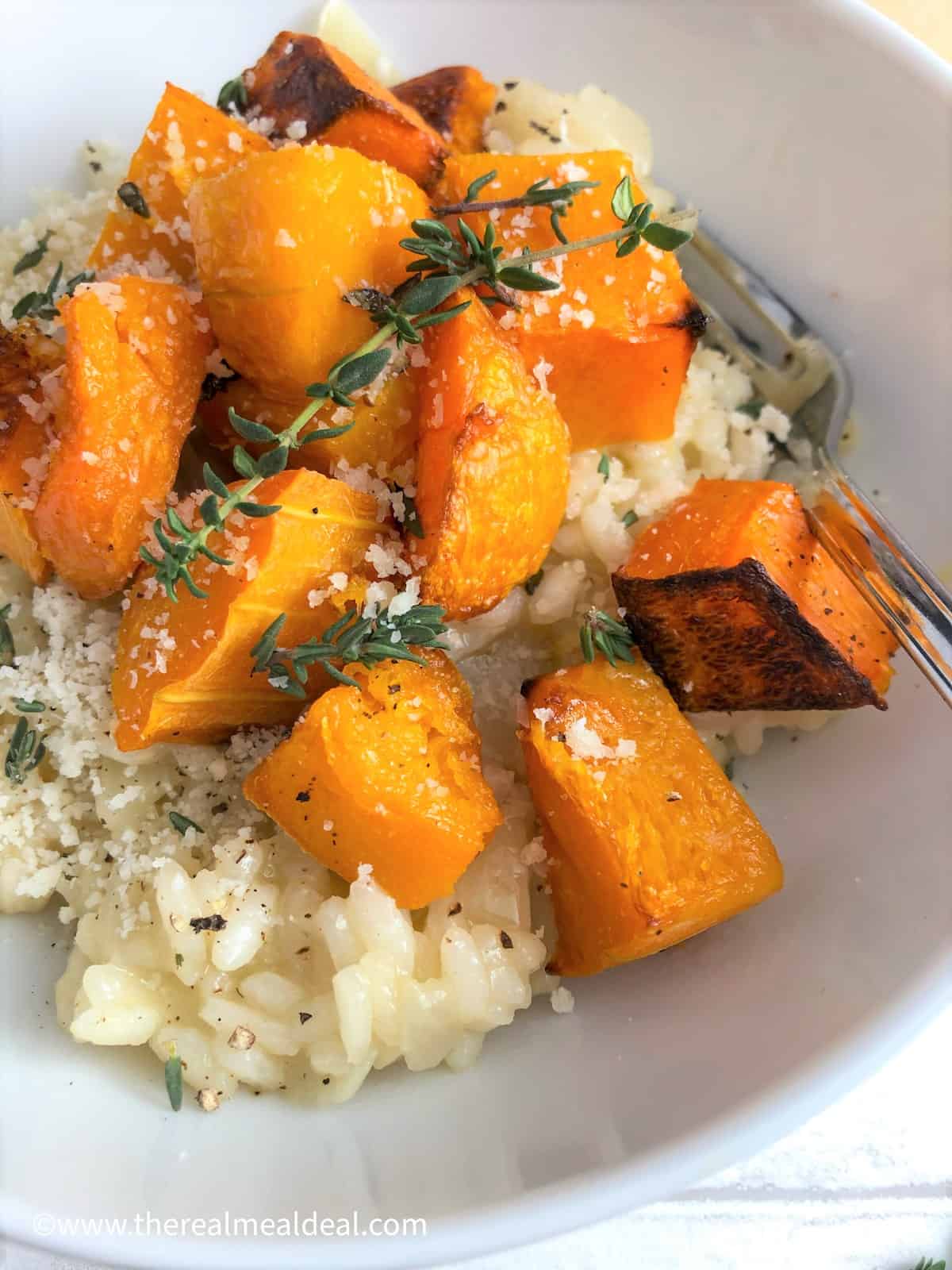 roasted butternut squash risotto in bowl
