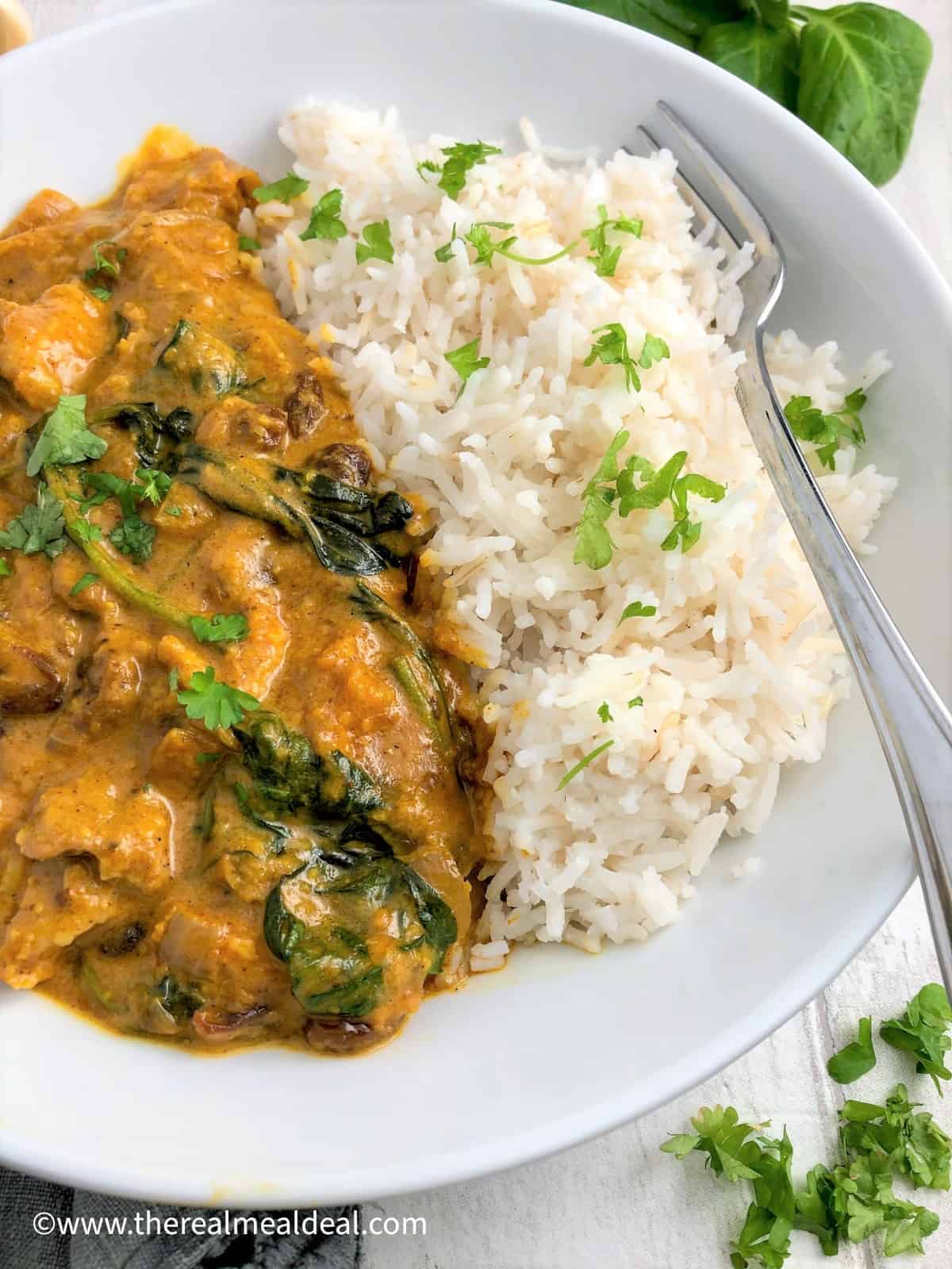 chicken korma and rice in bowl topped with fresh coriander