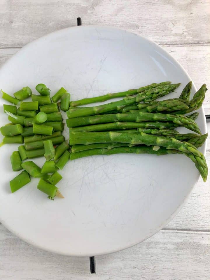 asparagus stalks on plate diced leaving tips