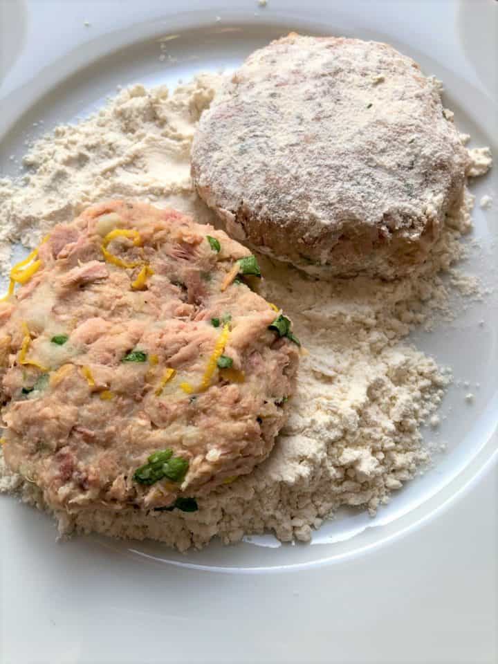 tuna fishcakes on plate dusted with flour