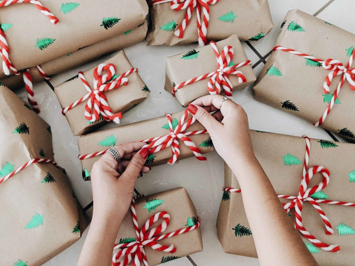 parcels wrapped in brown paper with red and white string