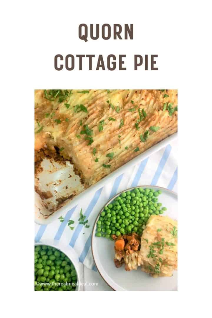 quorn cottage pie on plate next to dish with portion removed