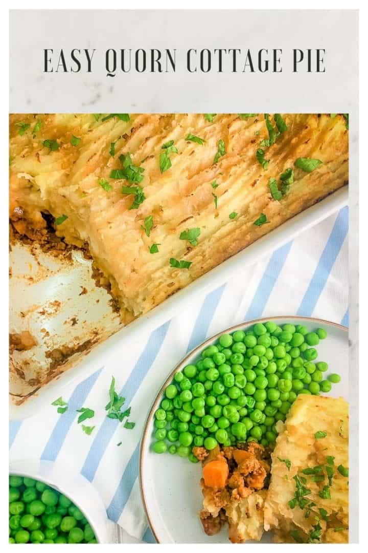 close up of quorn cottage pie on plate served with garden peas