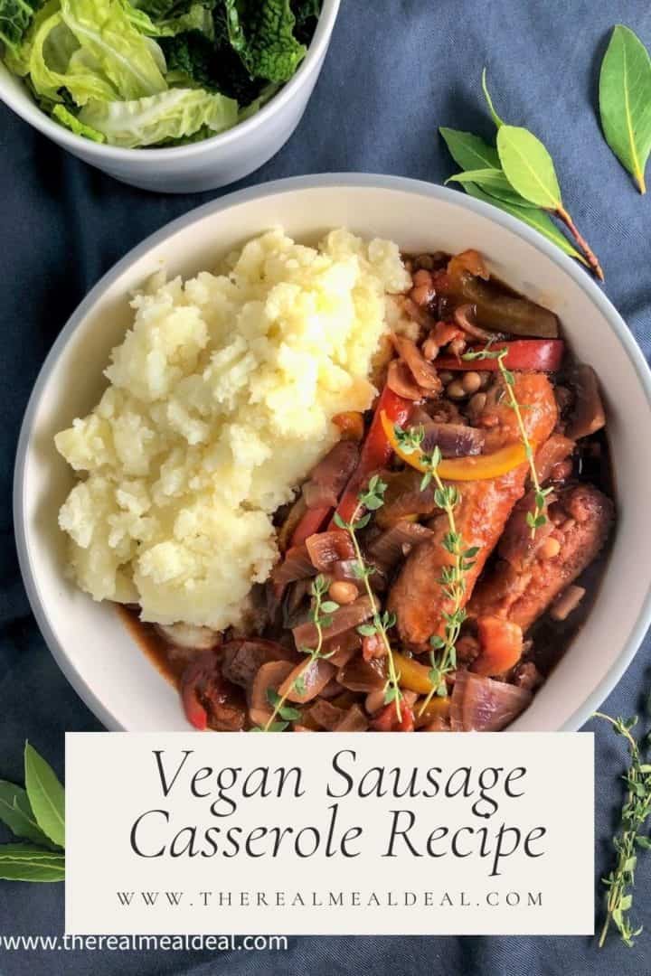 vegan sausage casserole in dish with mashed potato image for pinterest