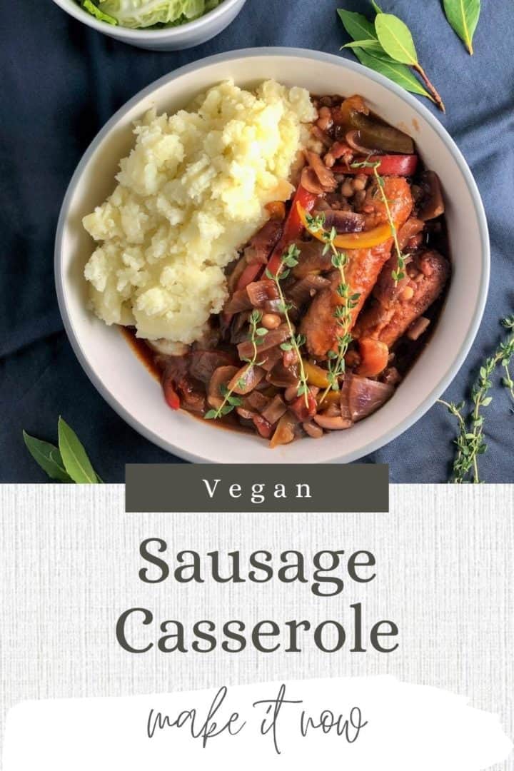 vegan sausage casserole with mashed potato and topped with fresh thyme