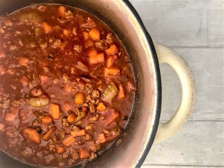 tomatoes and stock added to quorn mince and vegetables