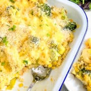 baked macaroni cheese in dish portion removed