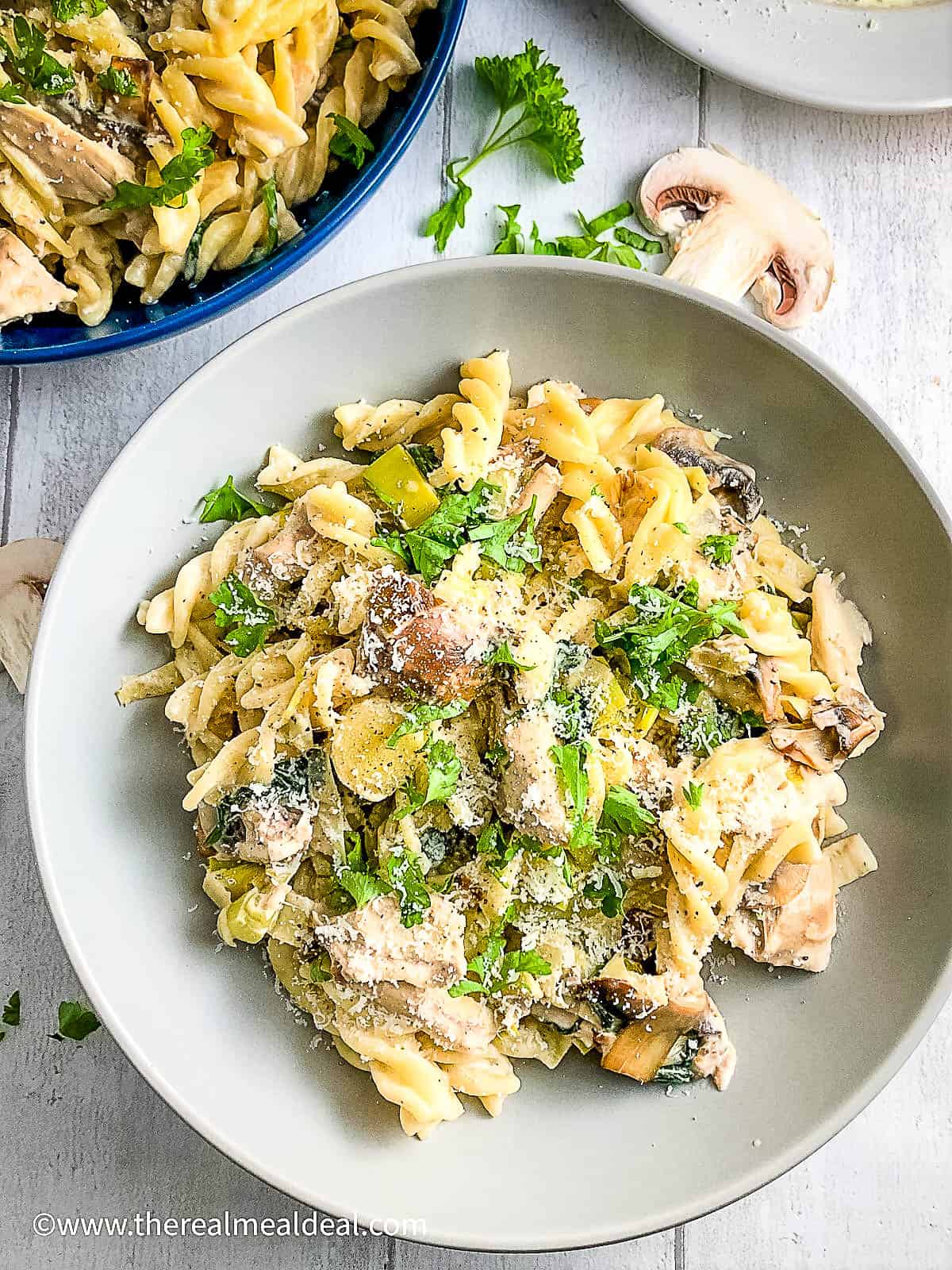 creamy chicken leek and mushroom pasta in bowl