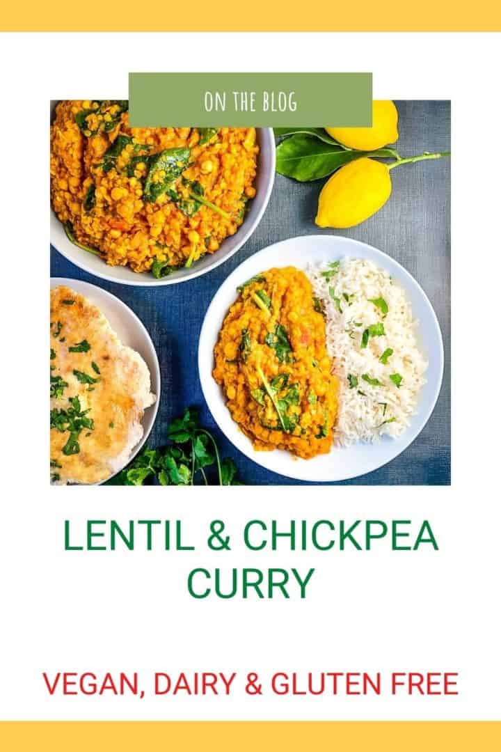 pinterest pin showing lentil and chickpea curry in a bowl