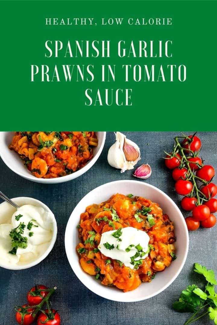 pinterest pin showing spanish garlic prawns in tomato sauce topped with creme fraiche