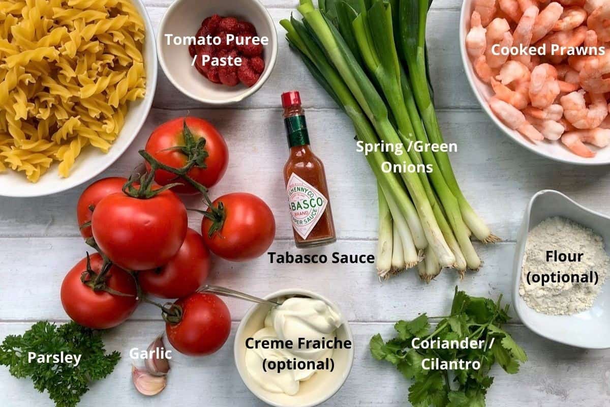 labelled image of all the ingredients needed for Spanish garlic prawn recipe