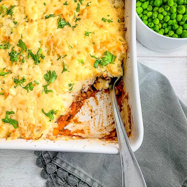 vegetarian cottage pie with mixed beans in dish portion removed
