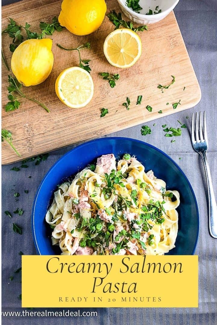 pinterest image for creamy salmon pasta recipe