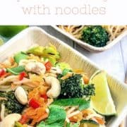 pinterest image prawn stir fry with noodles showing bowl of stir fry topped with cashew nuts