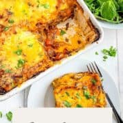 Quorn Lasane pinterest imade showing a portion on a plate next to lasagne tray