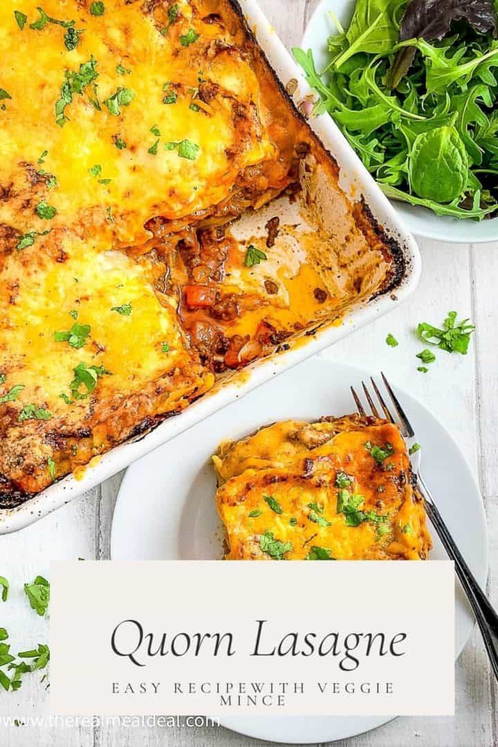 Quorn Lasane pinterest imade showing a portion on a plate next to lasagne tray