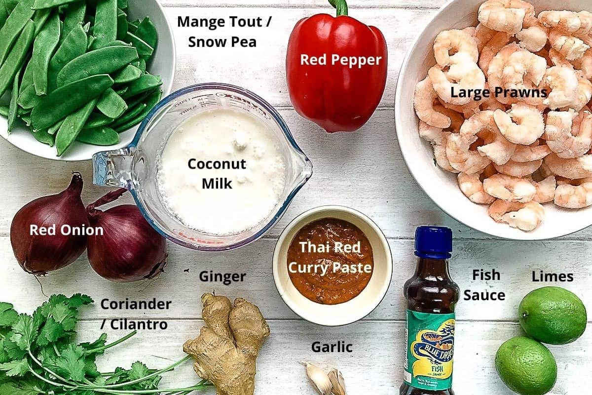 labelled image of ingredients needed for Red Prawn Thai Curry