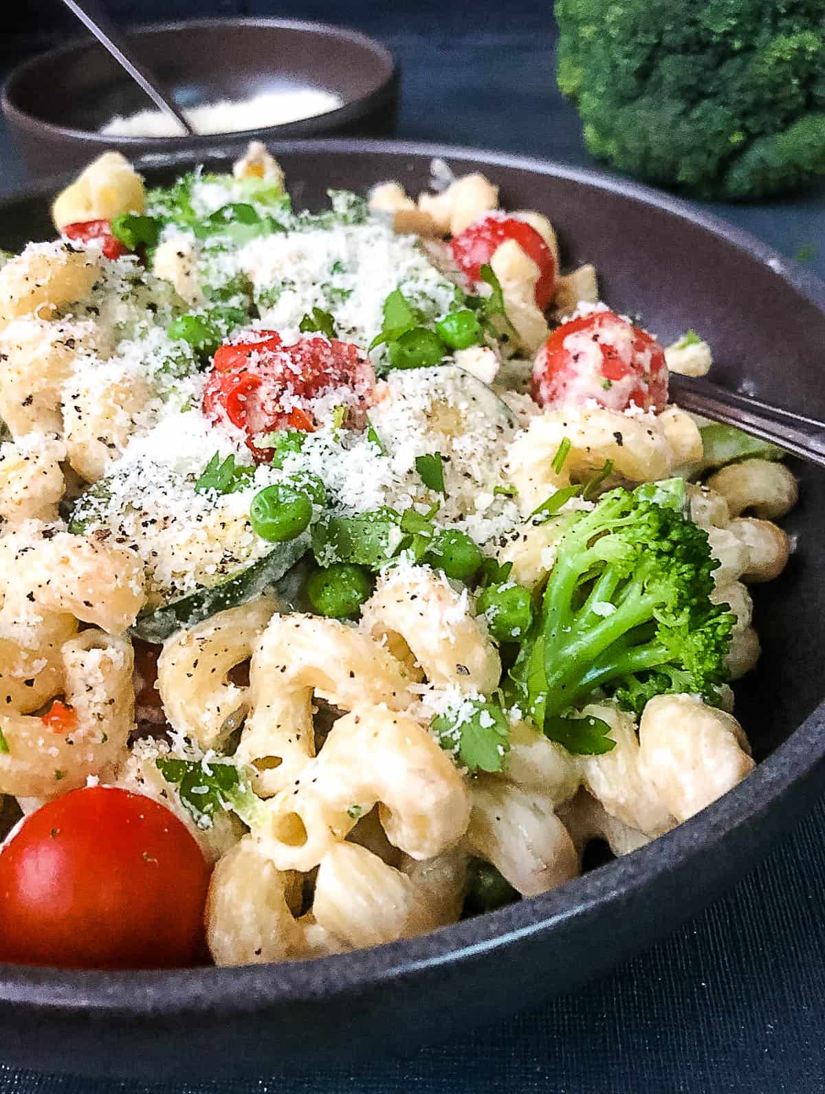 vegetable creamy pasta in bowl close up topped with parmesan cheese