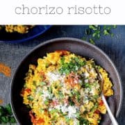 pinterest image for chicken and chorizo risotto in bowl