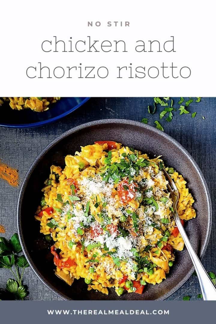 pinterest image for chicken and chorizo risotto in bowl