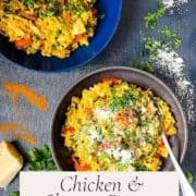 pinterest image of two bowls of chicken and chorizo risotto