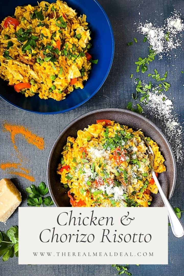 pinterest image of two bowls of chicken and chorizo risotto
