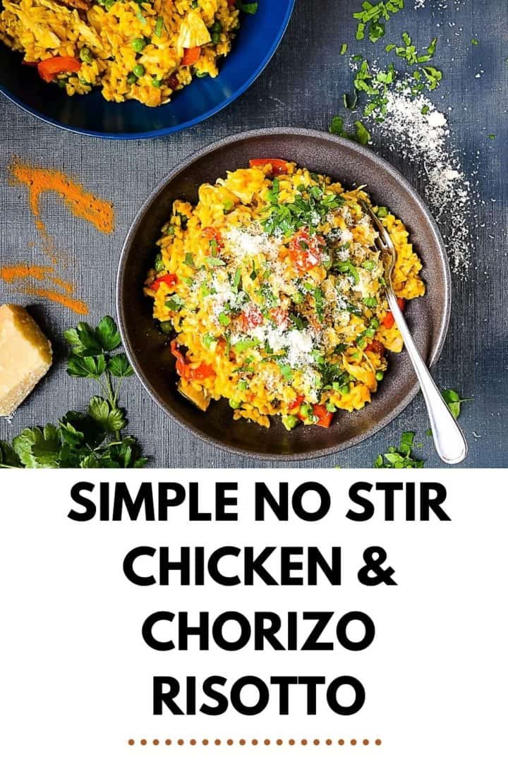 pinterest image of two bowls of risotto with chicken and chorizo