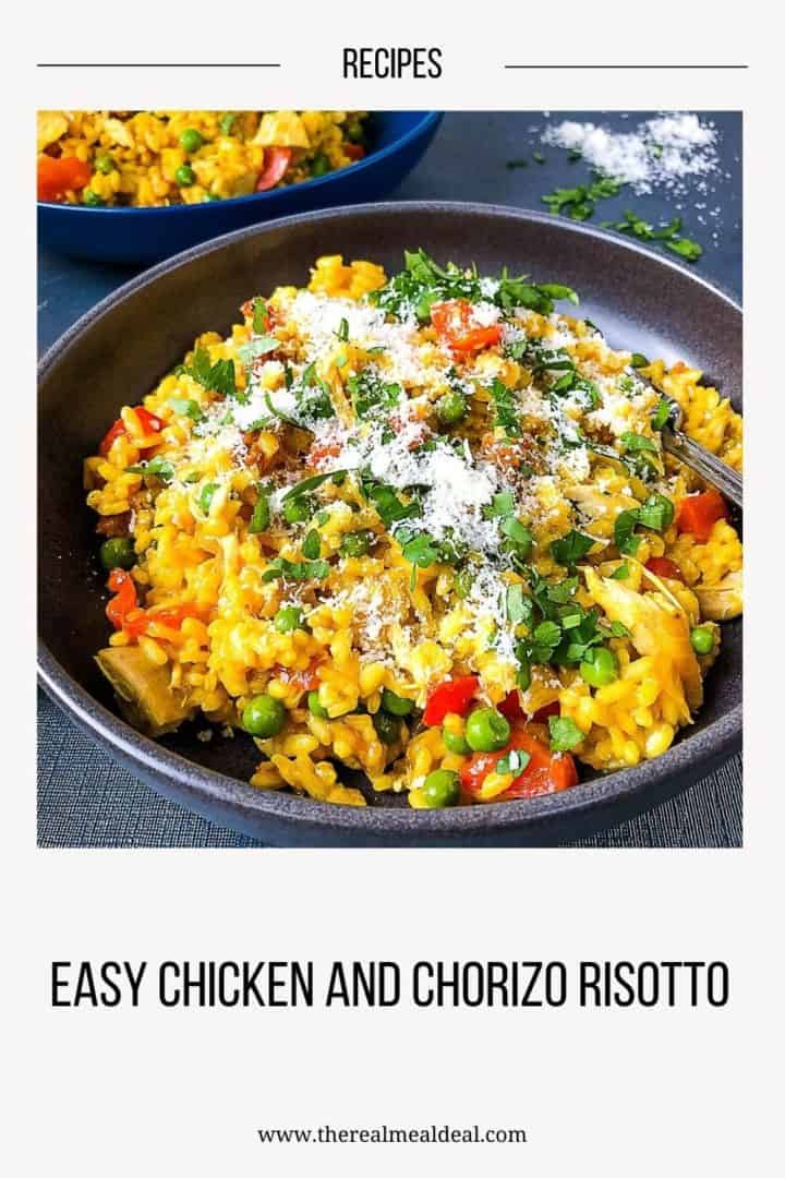 pinterest image of close up of bowl of chicken and chorizo risotto