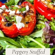 pinterest image close up of 2 pepper halves stuffed with couscous and feta cheese topped with fresh mint