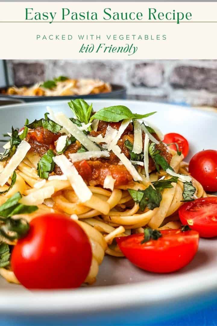 pinterest image close up of bowl of tomata passata pasta sauce.