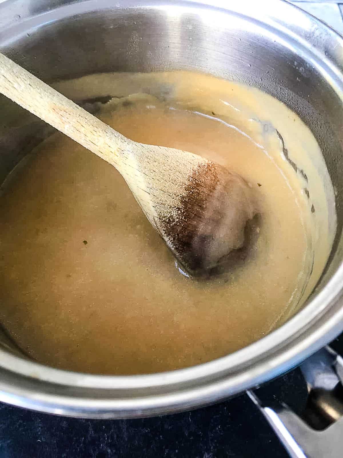 turkey gravy in pan.