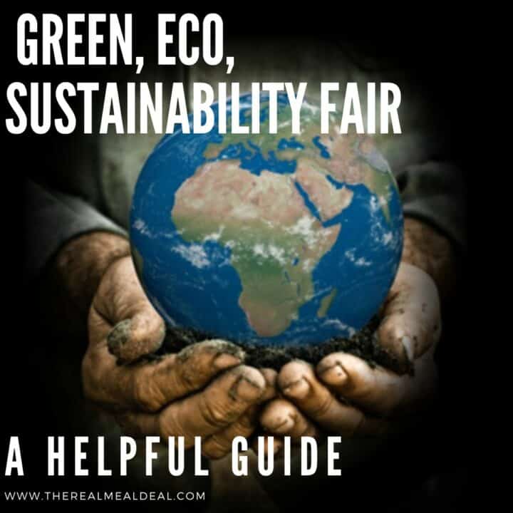 gardeners hands holding globe with text over reading Green Eco Sustainability Fair a Helpful guide