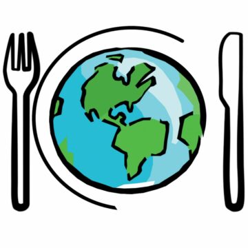 cartoon image of plate with map of world and knife and fork either size. Logo for real meal deal