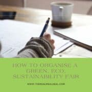 how to organise a green eco sustainability fair text over hand writing notes at table with coffee cup