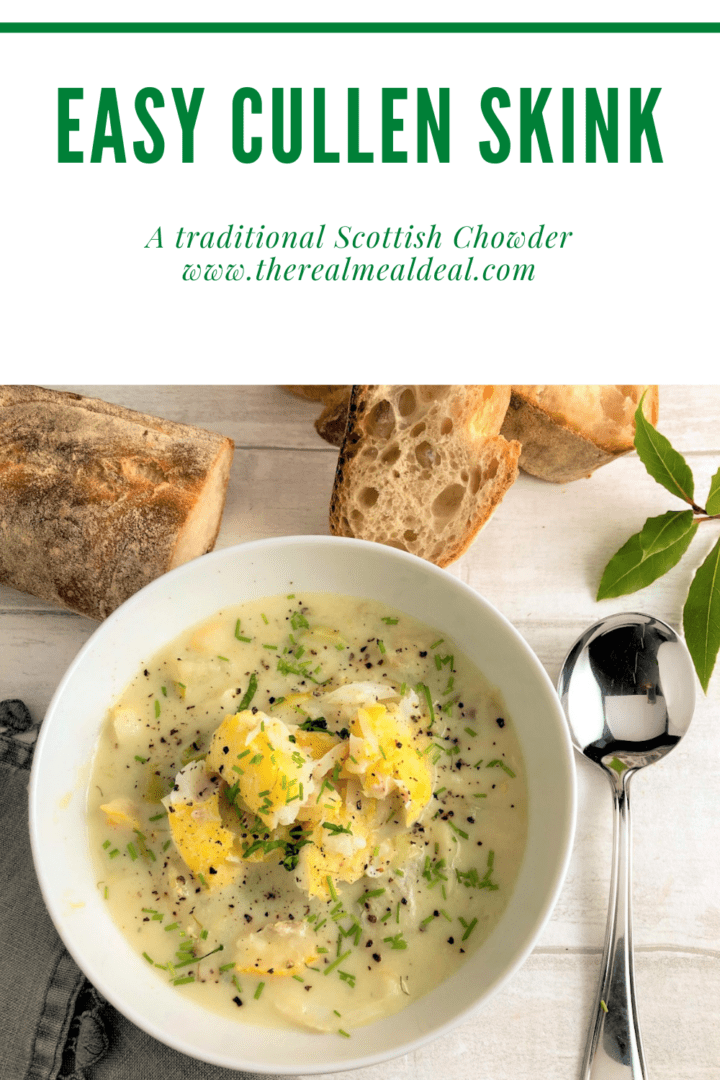 pinterest image for cullen skink with bowl of finished dish