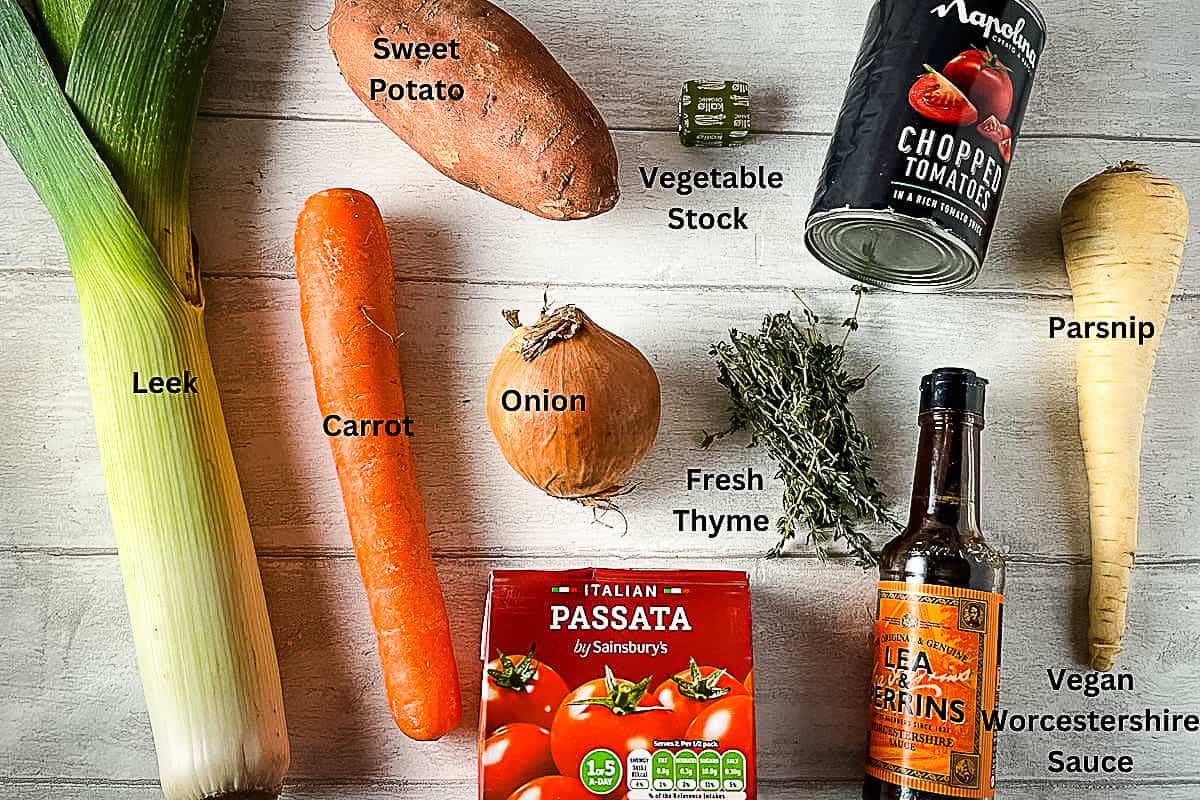 labelled ingredients for how to make vegan stew