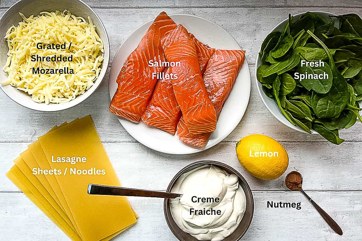 ingredients for salmon lasagne with spinach labelled