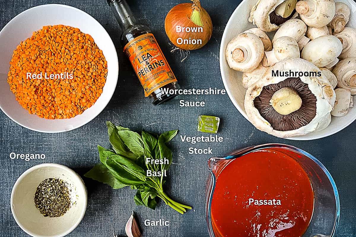 labelled ingredients for vegan red lentil and mushroom bolognese