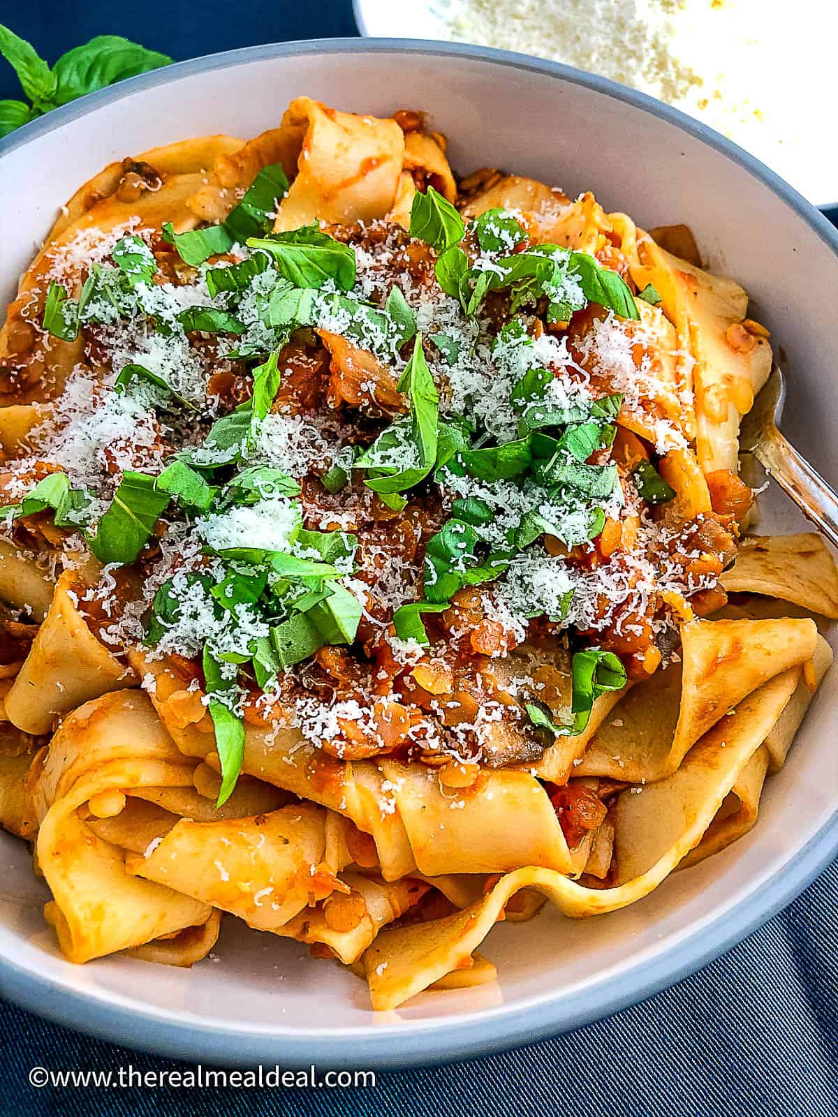bowl of vegan bolognese sauce served over parpadelle pasta topped with fresh basil