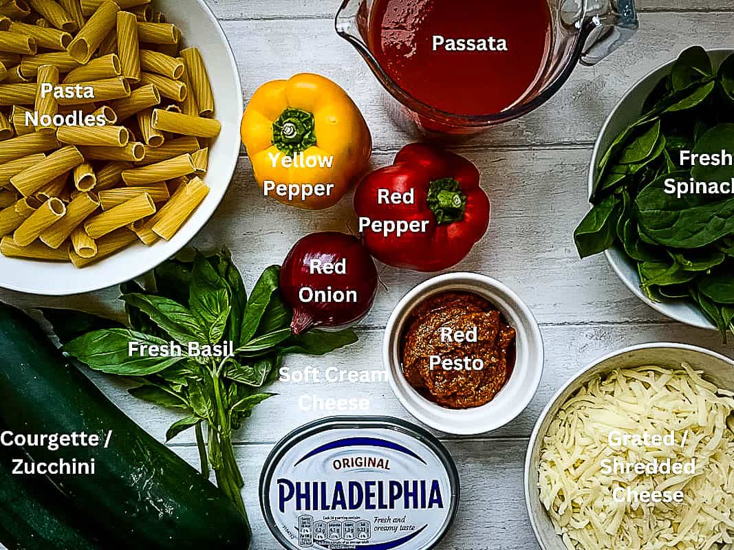 ingredients for vegetable pasta bake with pesto