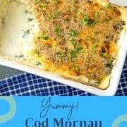 pinterest image showing cod mornay ready to serve