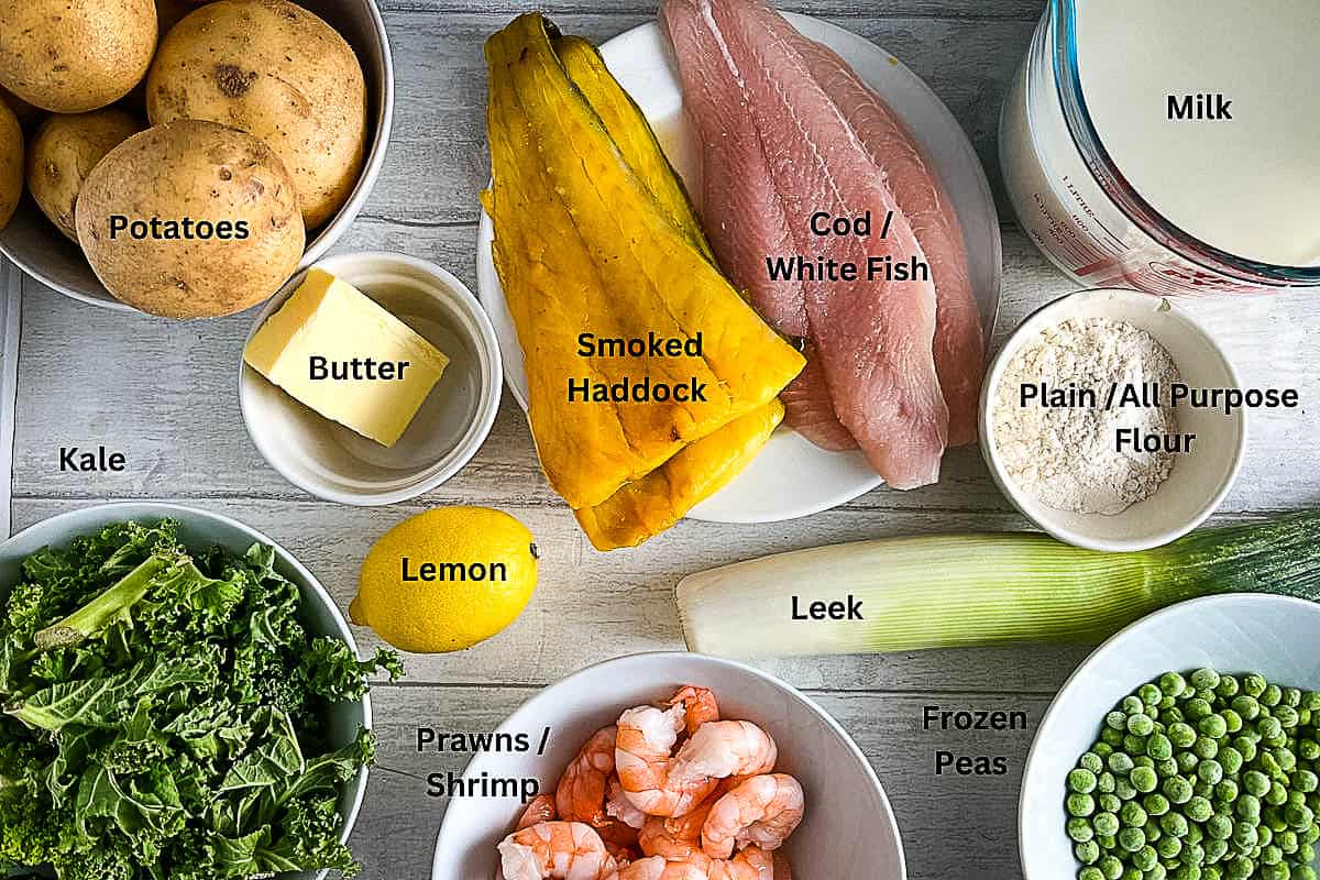ingredients for fish pie with leeks labelled
