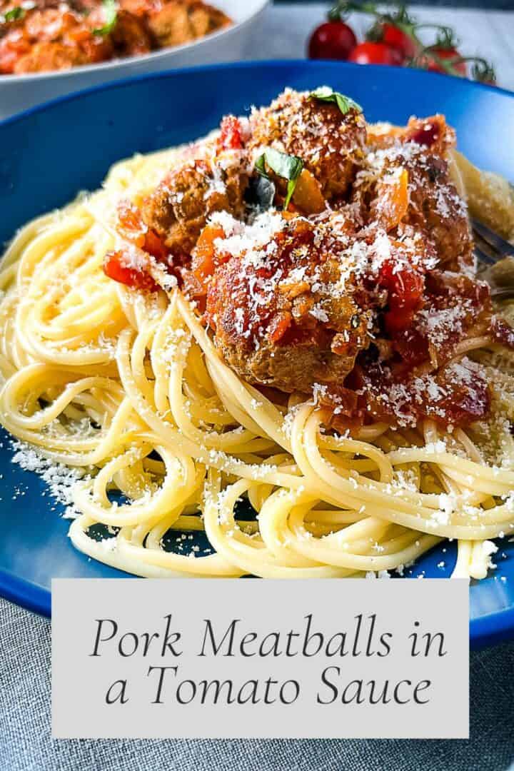 pinterest image with close up of homemade pork meatballs with tomato sauce
