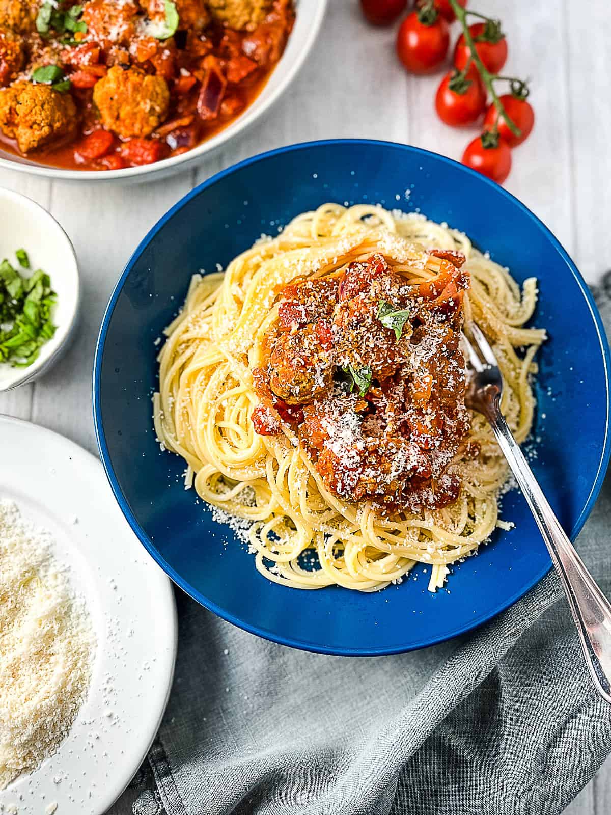 bowl of pork meatballs served with spaghetti
